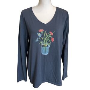 Life is Good Long Sleeve T Shirt Women's Size XL Blue Floral Crusher Cotton